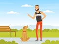 Bearded Man Pet Owner Giving Command to His Dog Vector Illustration Royalty Free Stock Photo