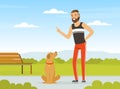 Bearded Man Pet Owner Giving Command to His Dog Vector Illustration