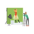 Bearded man photographer standing near camera on tripod. Attractive girl model posing on green backdrop. Flat vector