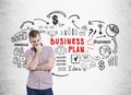 Bearded man in pink shirt and business plan Royalty Free Stock Photo