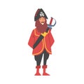 Bearded Man Pirate or Buccaneer Character with Sabre and Hat with Crossed Bones as Marine Robber Vector Illustration