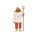 Bearded Man with Pitchfork, Medieval Historical Cartoon Character in Traditional Costume of Peasant Vector Illustration