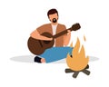 Bearded man playing guitar at campfire semi flat color vector character Royalty Free Stock Photo