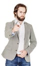 bearded man pointing his finger against somebody. human emotion, facial expression, feeling attitude. image isolated white Royalty Free Stock Photo