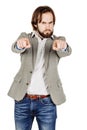 bearded man pointing his finger against somebody. human emotion, facial expression, feeling attitude. image isolated white Royalty Free Stock Photo