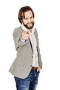 bearded man pointing his finger against somebody. human emotion, facial expression, feeling attitude. image isolated white Royalty Free Stock Photo