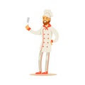 Bearded Man Professional Cooking Chef Working In Restaurant Wearing Classic Traditional Uniform Holding Spatula Cartoon