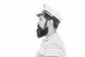 Bearded man profile portrait. Serious man wearing captain hat. Man profile face with beard and moustache