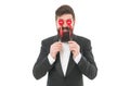 bearded man red hearts. love symbol. happy valentines day. love is blind. tuxedo man on formal event. special occasion