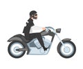 Bearded Man Riding Motorcycle, Side View of Male Biker Character in Black Leather Clothes and Helmet Driving Chopper