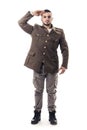 Bearded man saluting while wearing military uniform Royalty Free Stock Photo