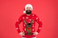 Bearded man santa hat red background. merry christmas. ready for xmas party. happy new year. cheerful hipster funny Royalty Free Stock Photo