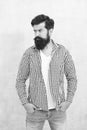 Bearded man seriously tuned. Denim look. Male casual fashion style. barber care for real men. brutal hipster with Royalty Free Stock Photo