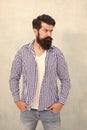 Bearded man seriously tuned. Denim look. Male casual fashion style. barber care for real men. brutal hipster with Royalty Free Stock Photo