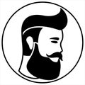 A bearded man with shaved temples. Vector head of hipster, lumberjack, hairdresser in black and white colors. Monochrome logo for