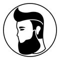 A bearded man with shaved temples. Vector head of hipster, lumberjack, hairdresser in black and white colors. Monochrome logo for