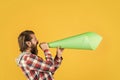 Bearded man shout in megaphone. man with paper loudspeaker. freedom of speech. ads for everyone. Promotion and