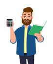 Bearded man showing or holding digital calculator device and book, report, document, folder or file in hand. Modern lifestyle.