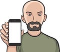 Bearded man showing a mobile app on a smart phone