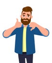 Bearded man showing thumbs up and thumbs down gesture or sign. Like and dislike, deal and no deal, agree and disapprove.