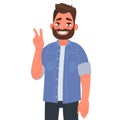 Bearded man shows victory gesture. A sign of success and peace. Vector illustration