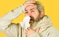 Bearded man sick. Cold flu. First symptom. Headache virus symptom. Immune response. Health care and medicines. Suffer