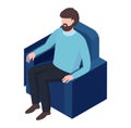 Bearded man sitting on chair in isometric view. Casual attire male office worker takes a break. Modern workplace Royalty Free Stock Photo