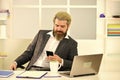 bearded man sitting at desk in office. confident brutal businessman. Elegant businessman analyzing data in smartphone