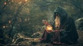 Bearded Man Sitting in Forest Holding Lit Candle Royalty Free Stock Photo