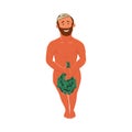 Bearded man standing in a bathhouse and covering with a bunch of birch twig. Vector colorful illustration in cartoon