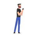 Bearded Man Standing with Smartphone, Young Man Using Digital Gadget Vector Illustration