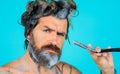 Bearded man with straight razor. Guy shaving beard. Male taking shower. Beauty, hygiene, grooming. Royalty Free Stock Photo