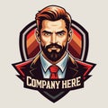 Bearded man in suit, assertive look, badge-like background, sharp features, illustration style Royalty Free Stock Photo