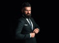 Bearded man suit fashion. Luxury classic suits, vogue. Man in classic suit, shirt and tie. Business man concept. Royalty Free Stock Photo