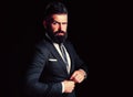 Bearded man suit fashion. Luxury classic suits, vogue. Man in classic suit, shirt and tie. Business man concept. Royalty Free Stock Photo