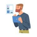 Bearded Man with Tablet PC Analyzing Financial Profit Growth and Evaluating Revenue and Expense Vector Illustration