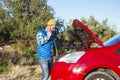 Bearded man talking on the phone next to his broken down car on the road Royalty Free Stock Photo