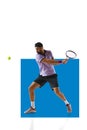 Bearded man, tennis player in motion during game, hitting ball with racket isolated over white background with blue Royalty Free Stock Photo