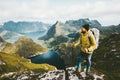 Bearded man traveler standing on cliff mountain Royalty Free Stock Photo
