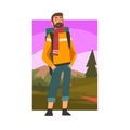 Bearded Man Travelling with Backpack, Male Traveller in Summer Mountain Landscape, Outdoor Activity, Travel, Camping