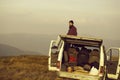 Bearded man travels by minibus