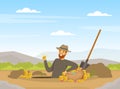 Bearded Man Treasure Hunter Finding Sack with Precious Jewel Vector Illustration