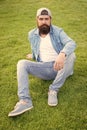 Bearded man trendy hipster style. Guy modern outfit. Casual and comfortable. Hipster lifestyle. Cool hipster with beard