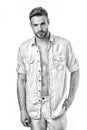 Bearded man in unbuttoned shirt isolated on white background. Too for shirt. Handsome and sensual. Casual in style