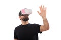 Bearded man use virtual reality glasses, goggles. Isolated. Guy in VR headset is looking at interactive screen. Playing mobile