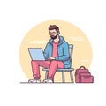 Bearded man using laptop seated chair, casual attire, work remote location, headphones, focused