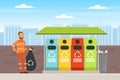 Bearded Man Waste Collector or Garbageman in Orange Uniform Collecting Municipal Solid Waste and Recyclables in Dustbin