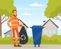 Bearded Man Waste Collector or Garbageman in Orange Uniform Collecting Municipal Solid Waste and Recyclables in Dustbin