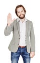 Bearded man wave hand welcome. human emotion expression and life
