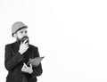 Bearded man wears helmet isolated on white background.